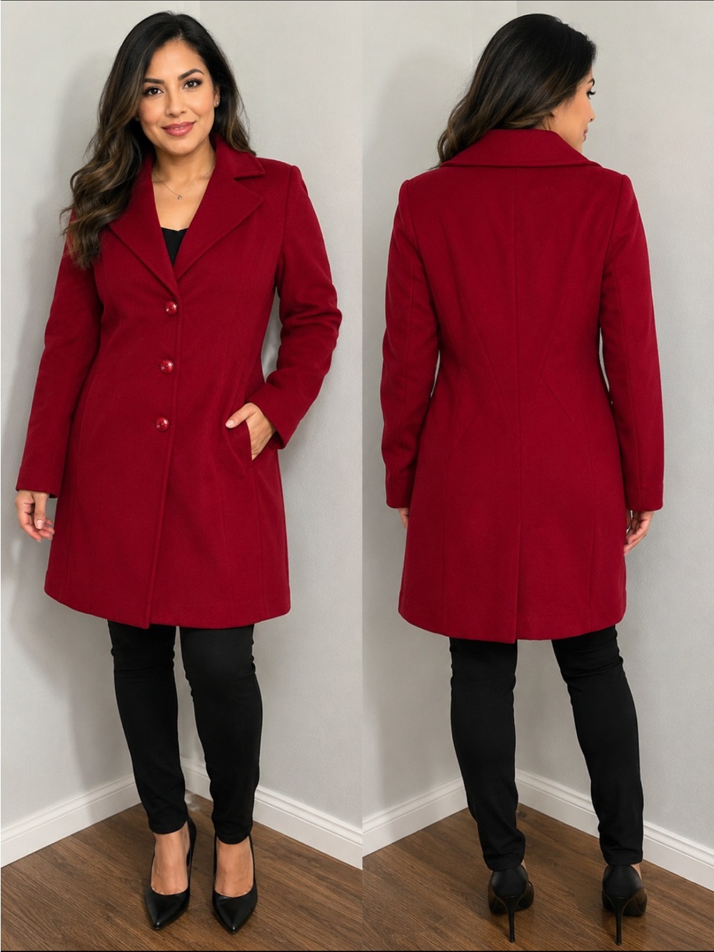Kristen Blake Red Satin-Lined Pea Coat